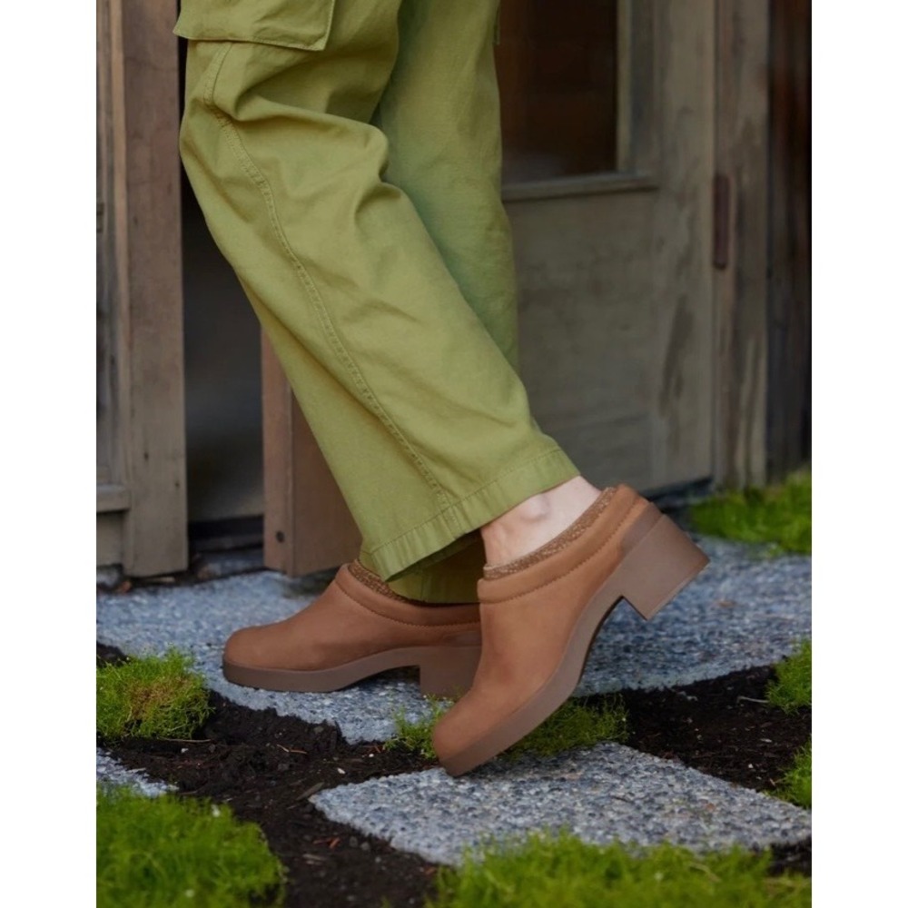 ABEO Capital Clog 3820 Tan Leather Knit Collar Platform Mule Shoes Womens 10
